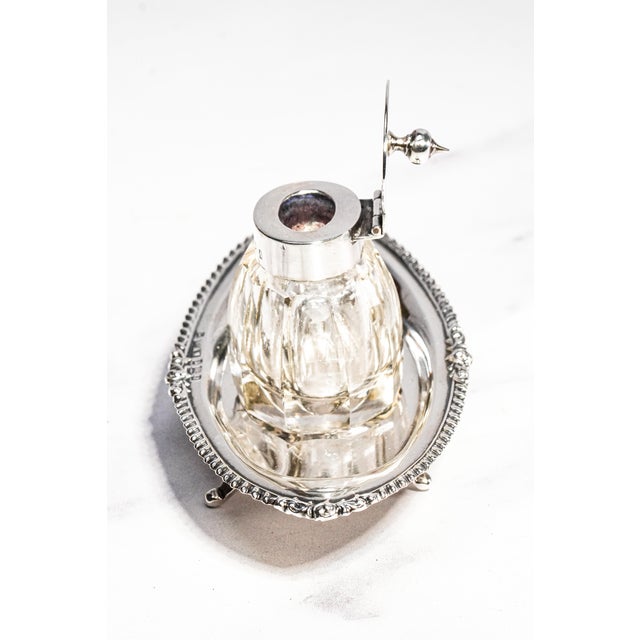 Silver Lovely Edwardian English Antique Sterling Silver Crystal Inkwell Pen Tray Desk Office Home Decor For Sale - Image 8 of 18