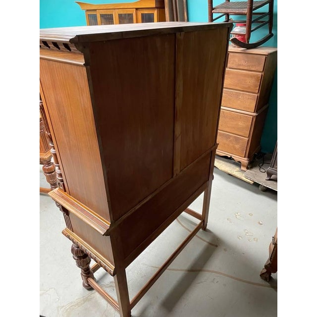 Antique Hand Carved Dresser Cabinet, Berkey & Gay, Jacobean Revival, Walnut and Burl Wood For Sale - Image 9 of 10