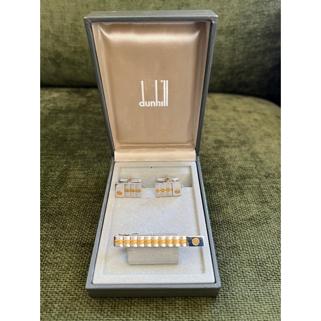 Rare Vintage Dunhill Cufflinks & Tie Clip Gold Plated, Steel With Original Case For Sale In New York - Image 6 of 8