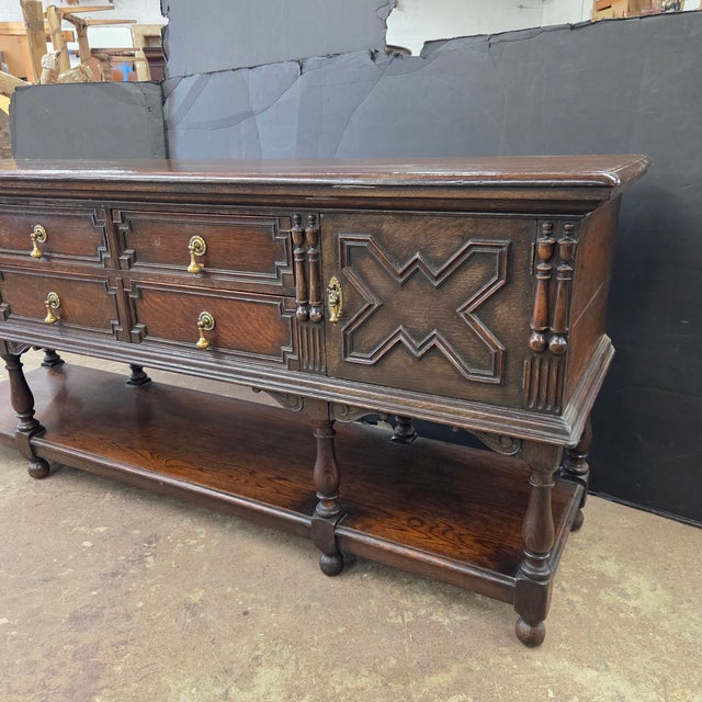 English Antique English Carved Oak Sideboard With Intricate Geometric Carvings and Brass Hardware For Sale - Image 3 of 18