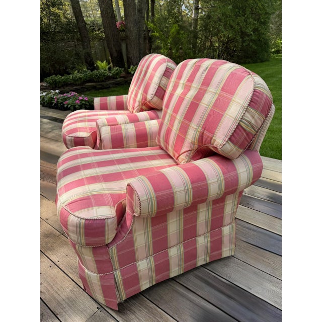 A Pair of Custom Pink Plaid Pleated Skirt Lounge Chairs With Rolled Arms For Sale - Image 13 of 18
