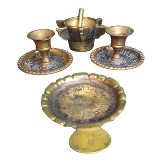 Museum-Grade Kabbalistic Assemblage: 18thC Inscribed Healing Mortar, Agla Amulet Tray & Travel Shabbat Candlesticks For Sale