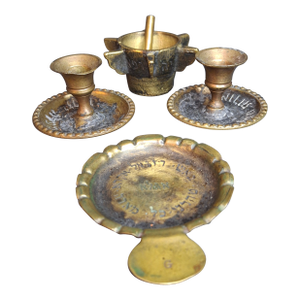 Museum-Grade Kabbalistic Assemblage: 18thC Inscribed Healing Mortar, Agla Amulet Tray & Travel Shabbat Candlesticks