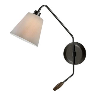 Black Bronze Wall Light With Fabric Shade and Wooden Handle For Sale