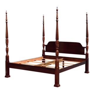 Solid Cherry Carved Rice Tobacco Four Poster Complete King Size Bed by Crescent Furniture For Sale