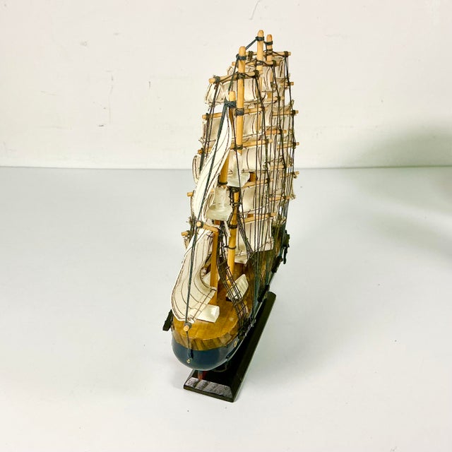 Mid-Century Nautical Coastal Boho Chic Wood Four Tall Mast Ship Model For Sale - Image 14 of 16