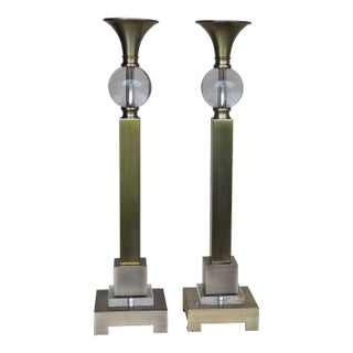 Late 20th Century Pair of Large Art Deco Style Metal and Glass Candle Holders For Sale