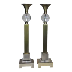 Late 20th Century Pair of Large Art Deco Style Metal and Glass Candle Holders