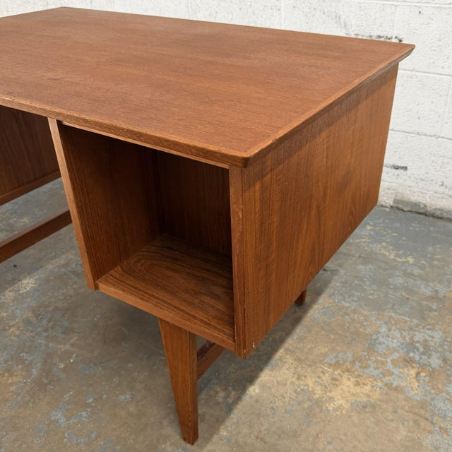 Compact Vintage Danish Modern Teak Writing Desk With Side and Rear Bookshelves For Sale In New York - Image 6 of 10