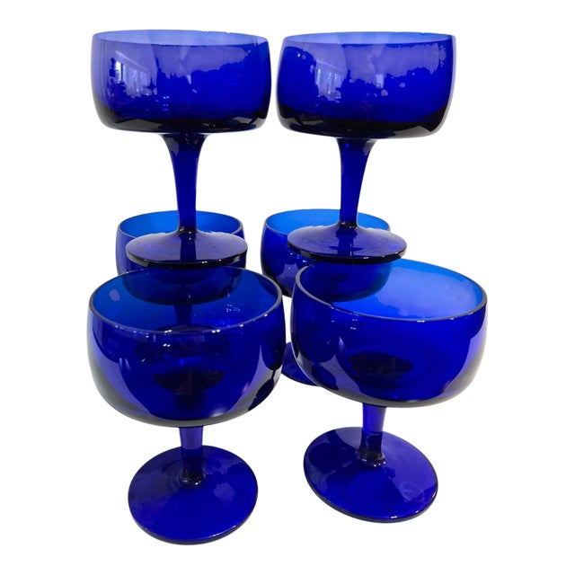 Vintage Gorham Mid Centruy Modern Cobalt Blue Glasses Champagne / Tall Sherbet - Set of 6 For Sale