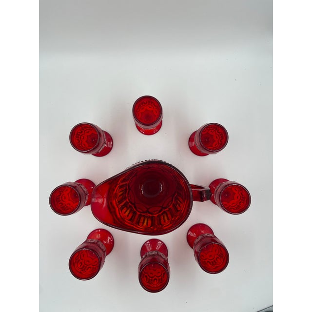 Vintage l.e. Smith Moon & Stars Ruby Red Glass Pitcher & 8 Small Goblets For Sale - Image 12 of 12