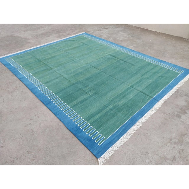 Handmade Green and Blue Geometric Cotton Rug For Sale - Image 11 of 11