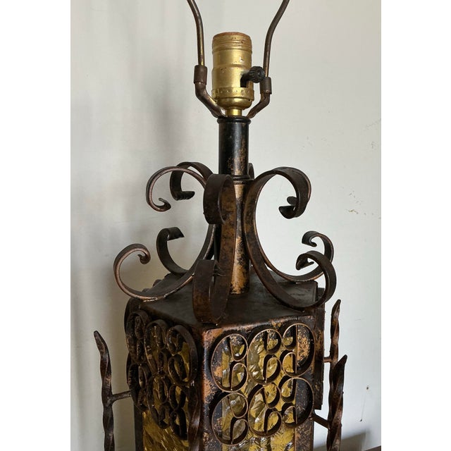 Metal Pair Vintage Mid-Century Spanish Revival Table Lamps Wrought Iron Glass Panels, C. 60s For Sale - Image 7 of 12