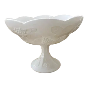 1970s Indiana White Milk Glass Pedestal Centerpiece Scalloped Edge Bowl With Grapes & Leaves Motif