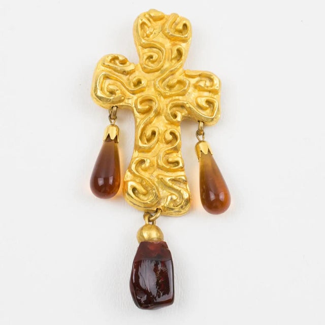 Modern Edouard Rambaud Byzantine Gilded Metal Cross Brooch with Amber Resin Drops For Sale - Image 3 of 8