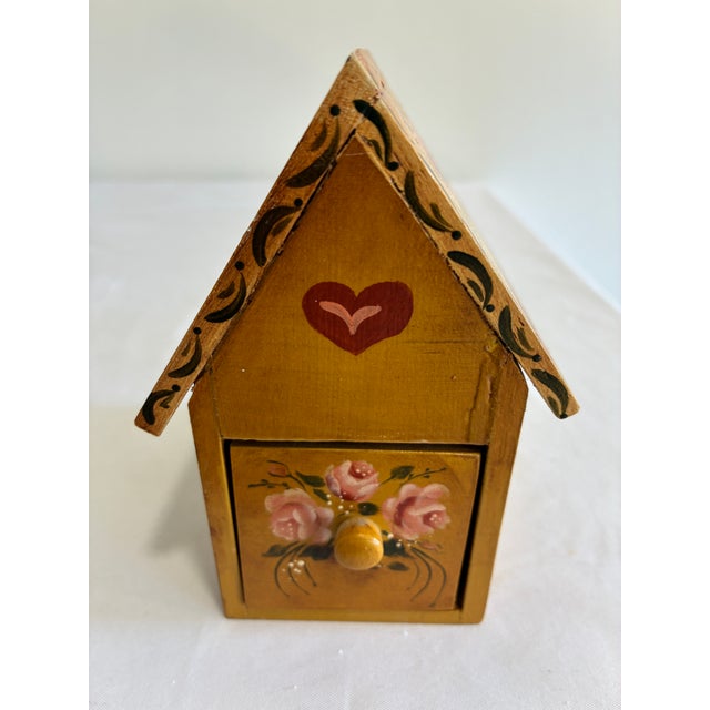 1990s Hand Painted Folk Art Wooden House Box With Drawer Signed by Artist For Sale - Image 5 of 8