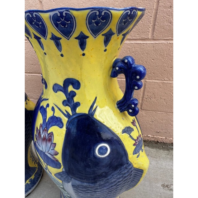 Blue Blue & Yellow Koi Fish Jiaqing Vase-A Pair For Sale - Image 8 of 12
