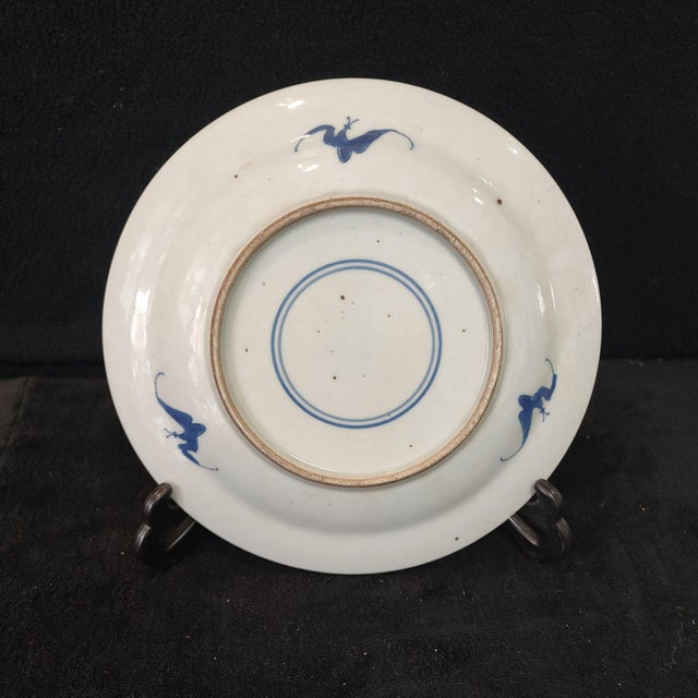 Early 20th Century Chinese Ceramic Plate,Blue and White Porcelain Plate Hand Painted Bats and Longevity Character Pattern For Sale - Image 5 of 11