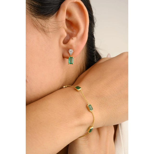 1.94ct Zambian Emerald Drop Earrings With Diamond Floral Top in 14k Gold- A Pair For Sale - Image 4 of 11