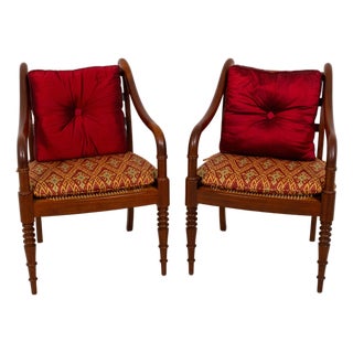 Pair of Baker Attributed Mahogany Caned Seat Cushioned Armchairs For Sale