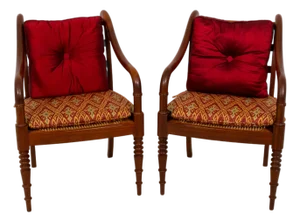 Pair of Baker Attributed Mahogany Caned Seat Cushioned Armchairs