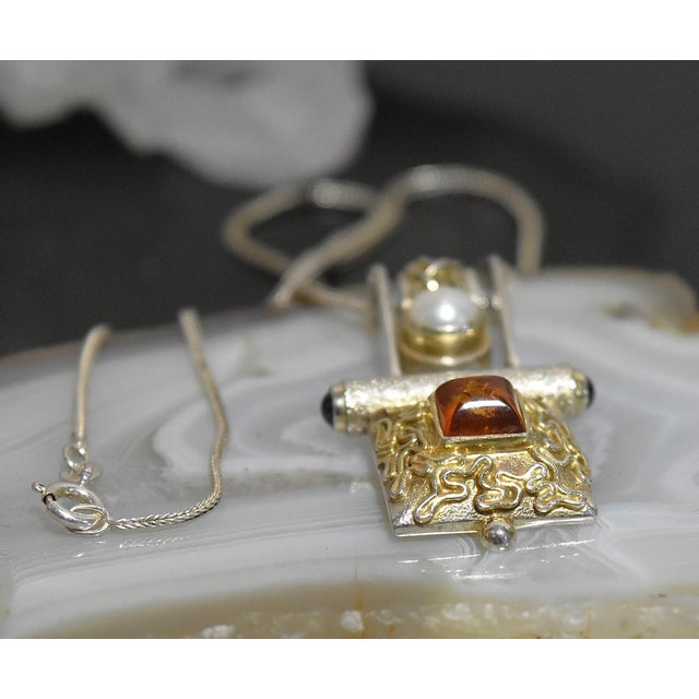 Late 20th Century Artisan Sterling Silver Amber Pearl Pendant Necklace For Sale - Image 9 of 14