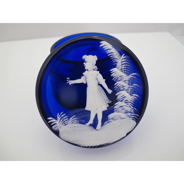Mary Gregory Cobalt Blue Glass Enamel Painted Girl With Flower Round Trinket Box For Sale - Image 14 of 14
