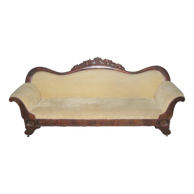 Early 20th Century Victorian Revival Tan Velvet Carved Wood Sofa For Sale