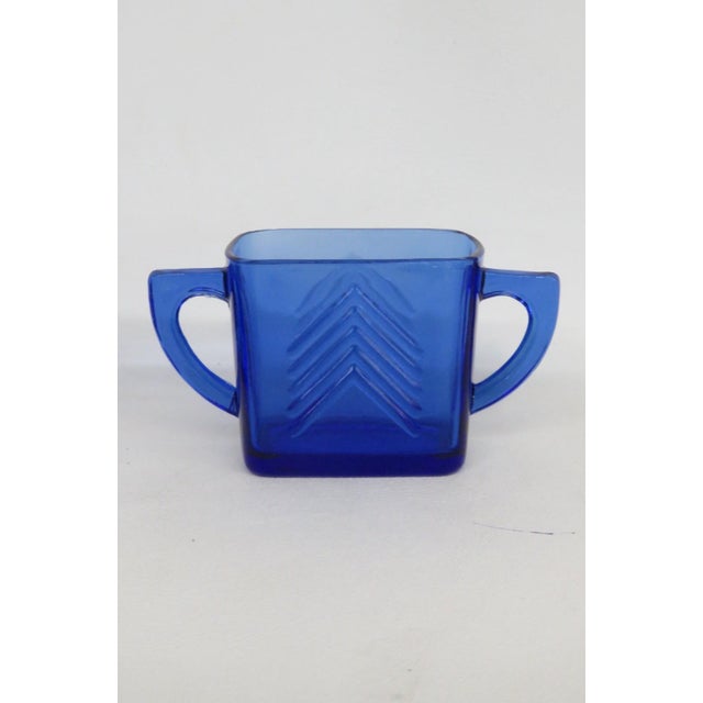 Mid 20th Century Mid 20th Century Hazel Atlas Cobalt Blue Glass Sugar Bowl and Creamer Set Chevron Pattern For Sale - Image 5 of 14