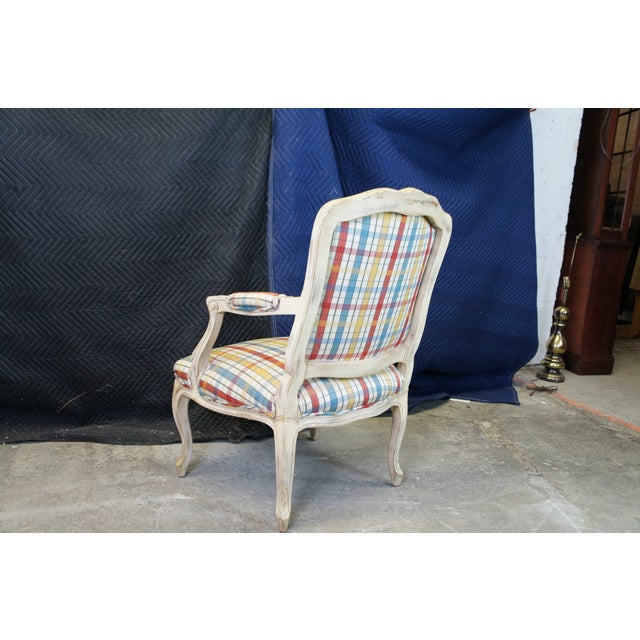 Mid 20th Century Vintage French Provincial Louis XV Fauteuil Plaid Library Lounge Armchair For Sale - Image 4 of 11