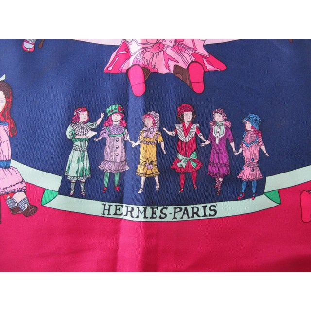 1990s Hermes Paris Carre 90 Hello Dolly Dolls Print Blue Pink 100% Silk Scarf For Sale - Image 5 of 12