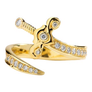 Syna Yellow Gold Sword Ring with Bright Diamonds For Sale