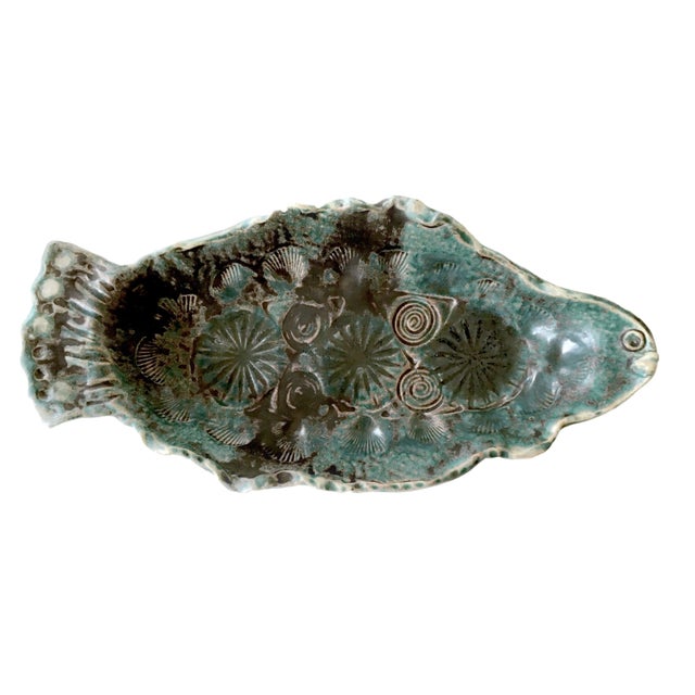 Mid 20th Century Mid Century Blue Green Ceramic Fish Serving Dish For Sale - Image 5 of 5