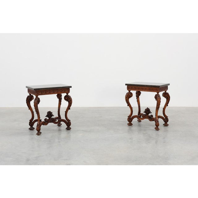 Napoleon III Style Carved Walnut Side Table with Bluestone Top, France, 1900s For Sale - Image 4 of 15