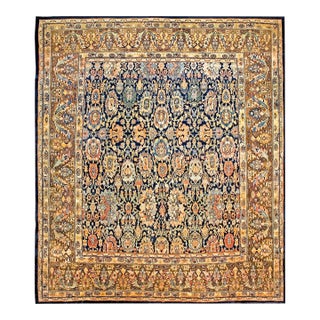 1880s Blue Navy Floral Traditional Antique Persian Bibikabad Rug 12'4'' X 14'2'' Hand Knotted Wool Carpet For Sale