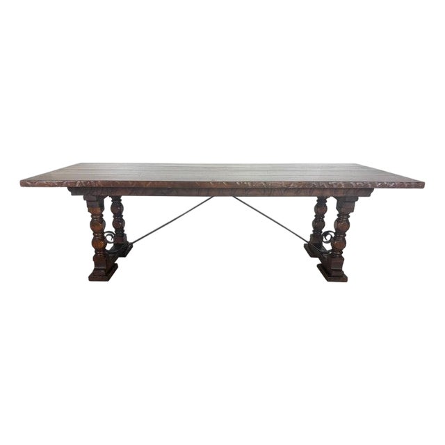 Monumental Spanish Revival Style Walnut Trestle Dining Table With Hand-Hewn Top For Sale