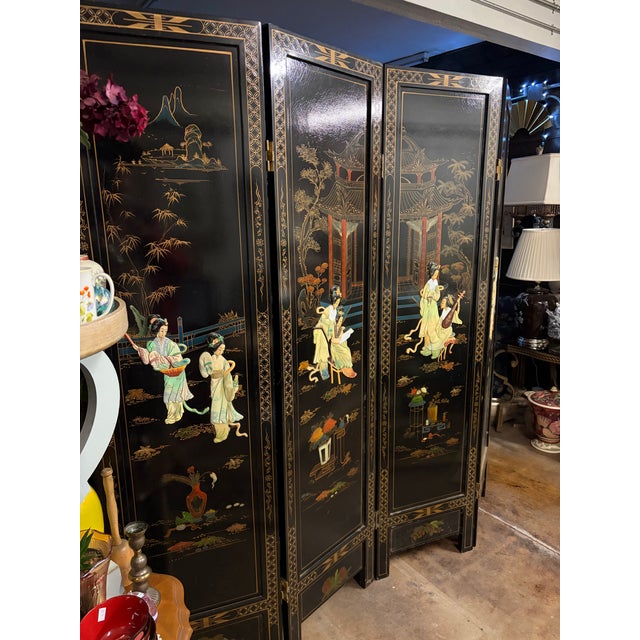 Vintage Chinese Black Lacquer 4-Panel Coromandel Screen 6ft Hand Painted For Sale - Image 4 of 5