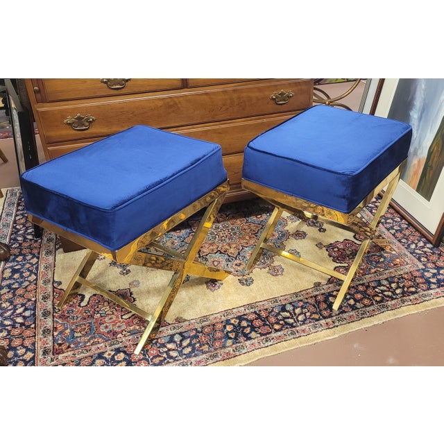 Pair Brass X Stools in Blue & Gold For Sale - Image 4 of 9