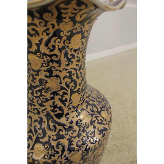 Pair of Large Blue & Gold Porcelain Chinese Style Floor Planter Vases Chairish