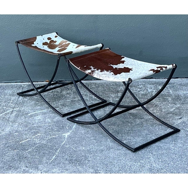Metal Vintage Rebar Cowhide Sling Benches - A Pair For Sale - Image 7 of 12
