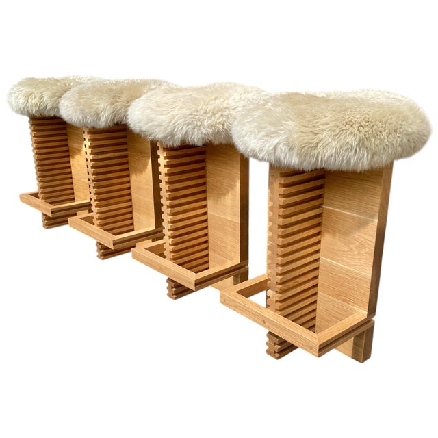 Art Deco Cicely Modern Stool by Bertu in New Zealand Sheepskin and White Oak For Sale - Image 3 of 7