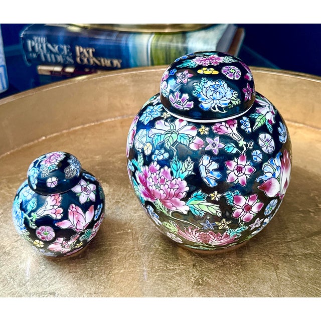 Two vintage Chinese Jingdezhen Famille Noire porcelain ginger jars. Both are petite, measuring 3" and 6" respectively....
