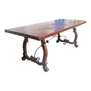 Vintage Spanish Catalan Trestle Dining Table With Lyre Legs and Iron Stretchers For Sale