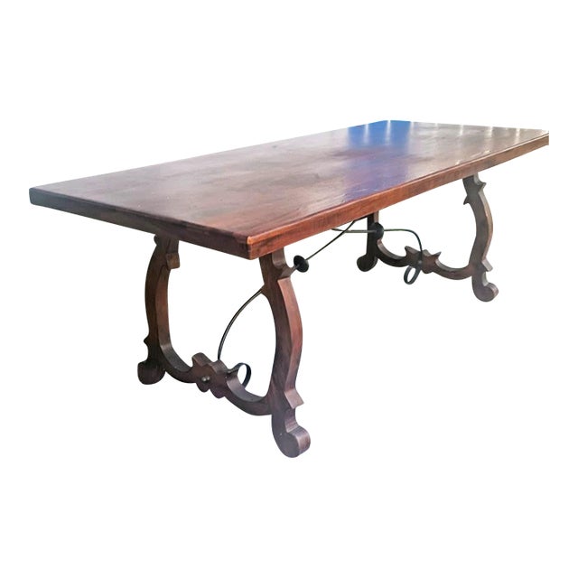 Vintage Spanish Catalan Trestle Dining Table With Lyre Legs and Iron Stretchers For Sale