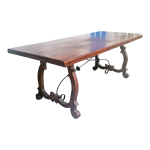 Vintage Spanish Catalan Trestle Dining Table With Lyre Legs and Iron Stretchers