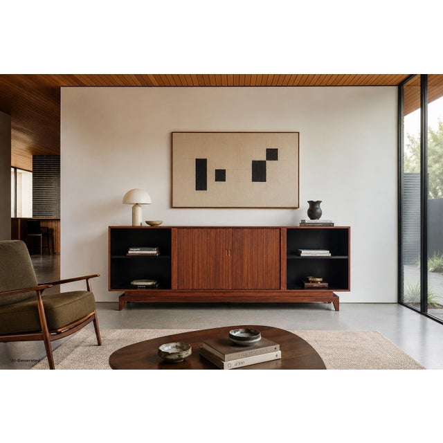 Mid-century walnut credenza manufactured in the United States, circa 1960s. This beautifully executed case piece...
