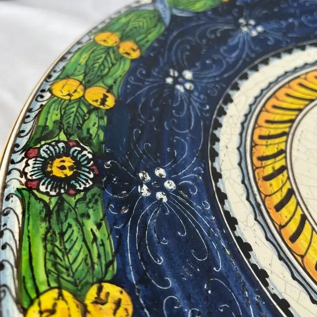 1990s Italian Hand-Painted Blue and Green Ceramic Round Sun Center Wall Plate For Sale In Dallas - Image 6 of 11