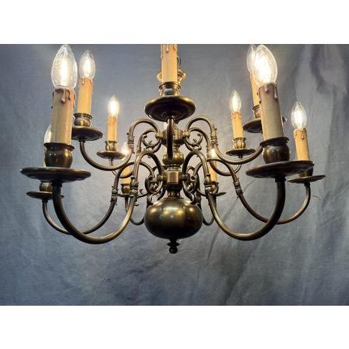 Flemish Brass Two-Tier Twelve Branch Chandelier For Sale - Image 6 of 7
