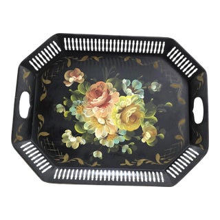 Mid 20th Century Hand Painted Black Floral Tray Vanity Serving Toleware Coffee Table Entryway Decor For Sale