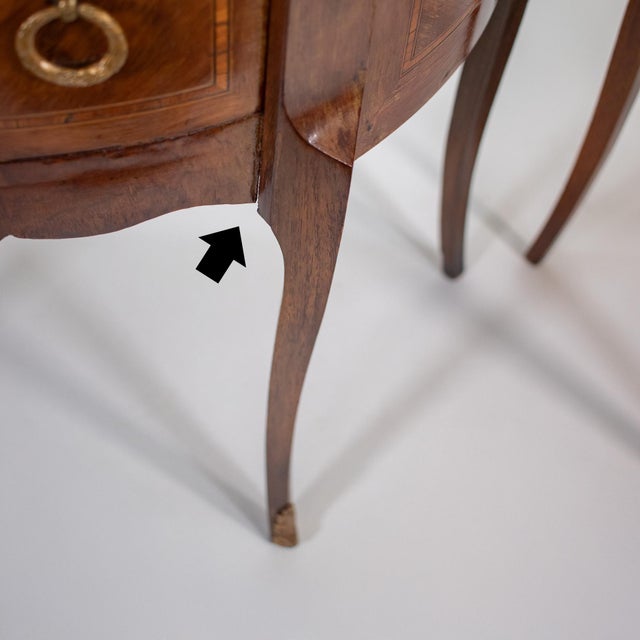 Pair of Vintage French Louis XVI Style Demilune Console Tables With Marble Tops For Sale - Image 17 of 18